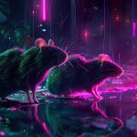 Two digital rats scurry along the cyberpunk streets