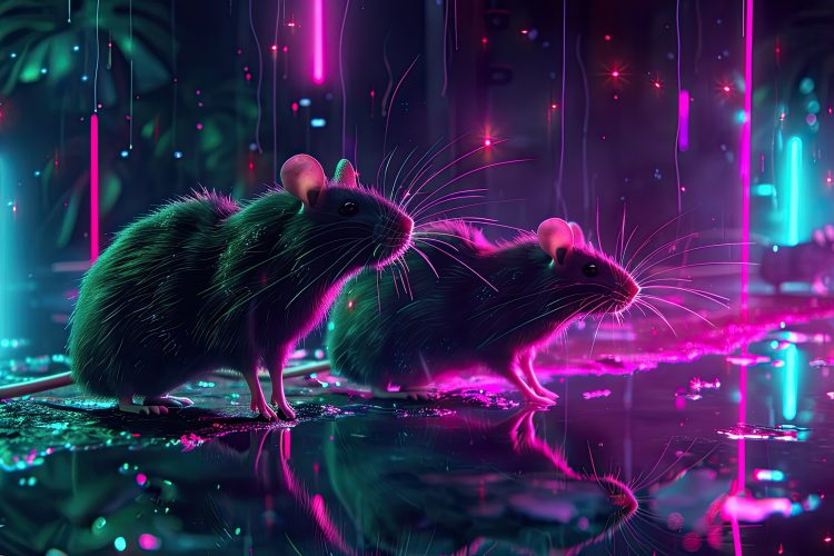 Two digital rats scurry along the cyberpunk streets