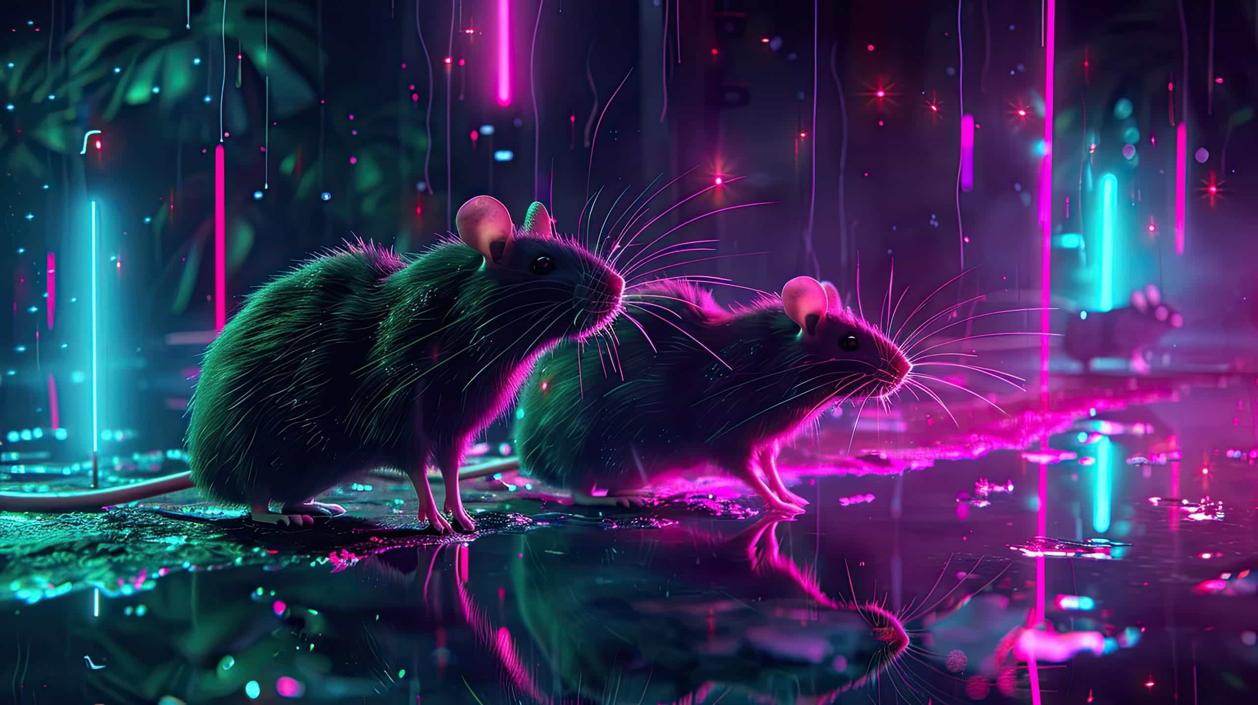 Two digital rats scurry along the cyberpunk streets