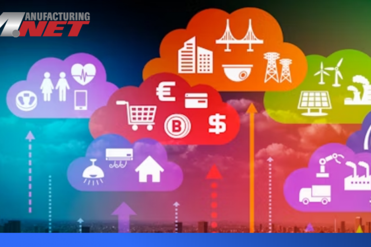 Different colored clouds contains groups of IoT devices connect down to a city skyline. The Manufacturing.net logo appears in the top left.