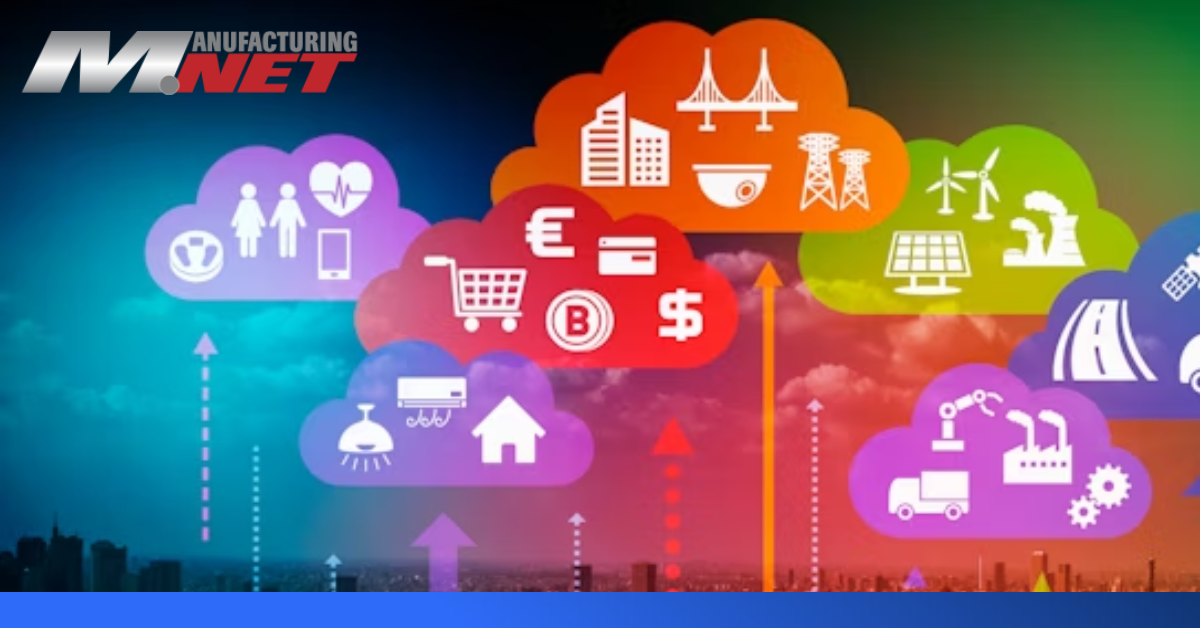 Different colored clouds contains groups of IoT devices connect down to a city skyline. The Manufacturing.net logo appears in the top left.