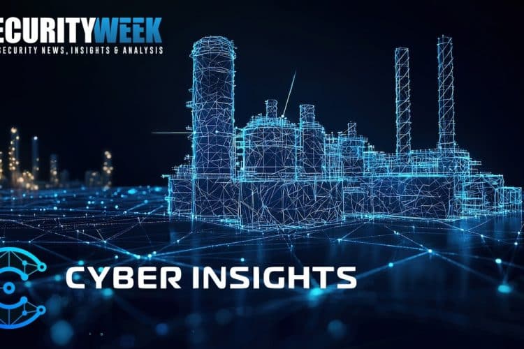 A Security Week image. Wire frame of an industrial landscape, possibly facing increased threats of evolving OT malware