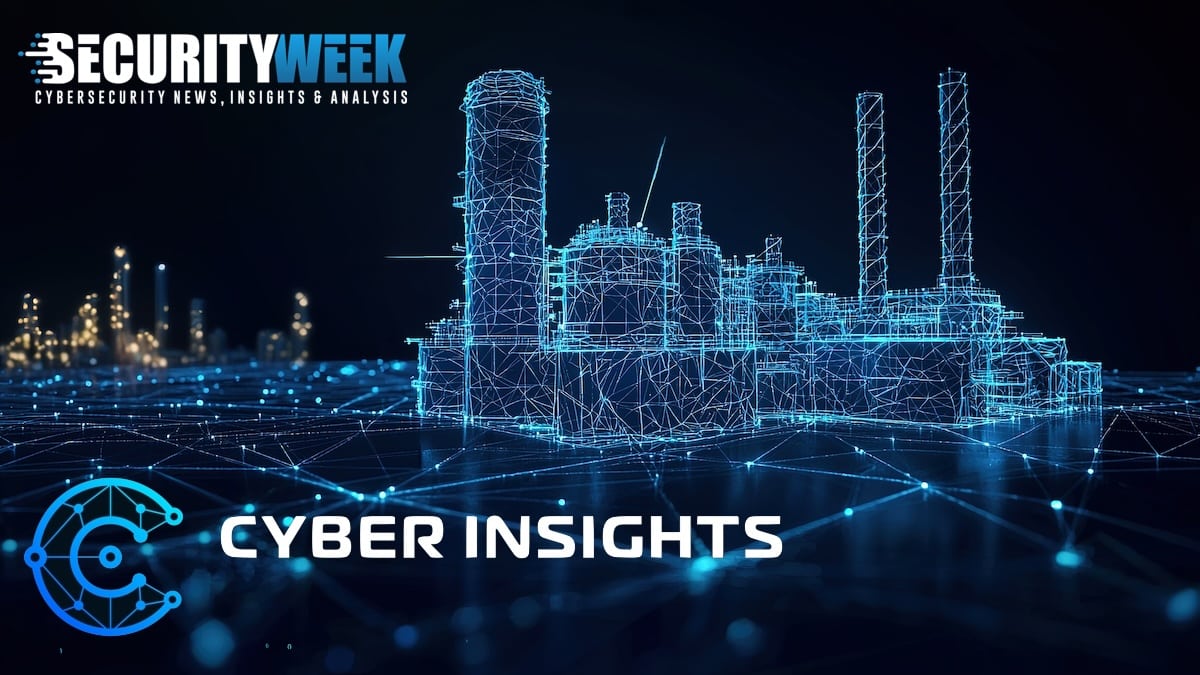 A Security Week image. Wire frame of an industrial landscape, possibly facing increased threats of evolving OT malware