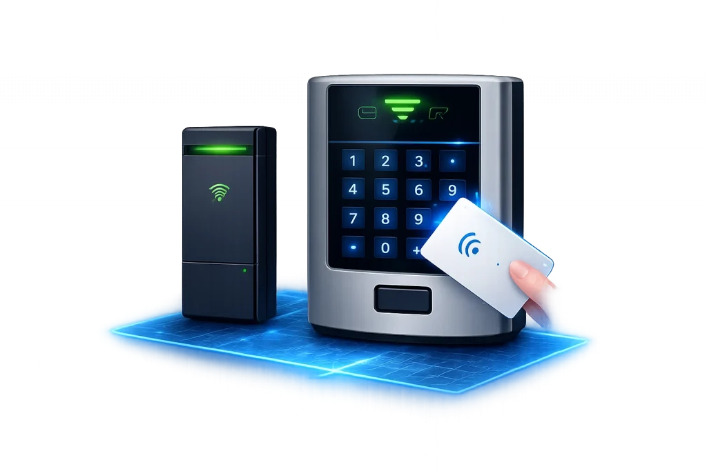 electronic access control system with keypad and card authentication